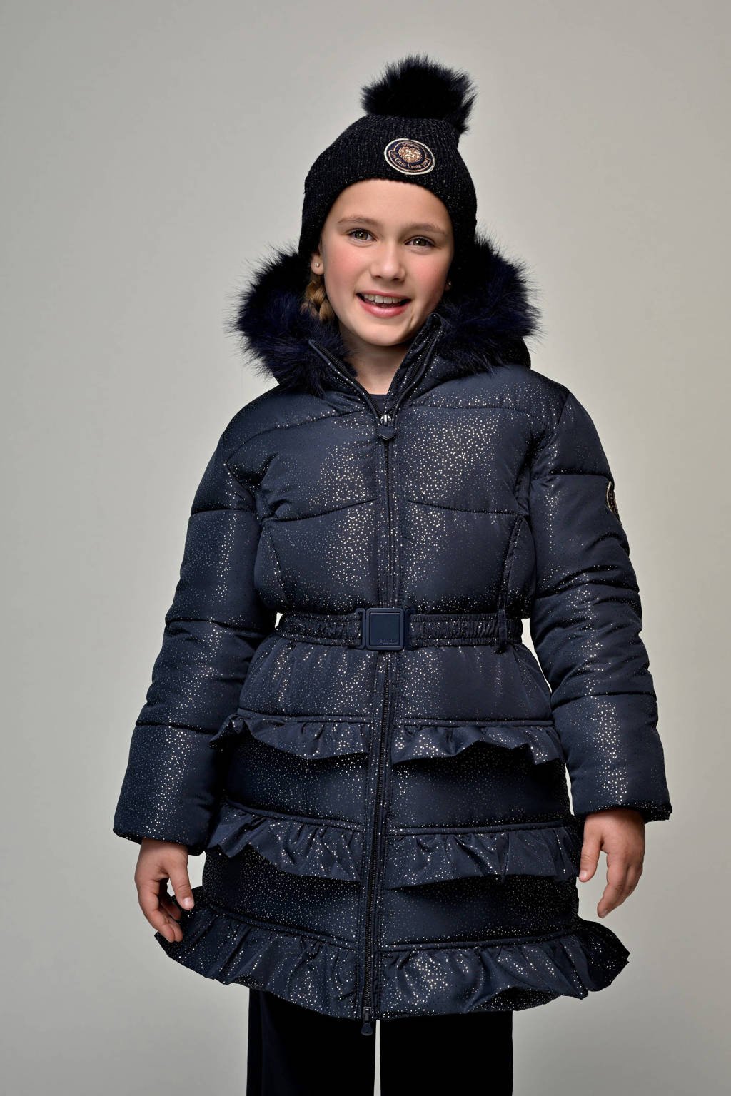 Le Chic gewatteerde jas met glitter donkerblauw