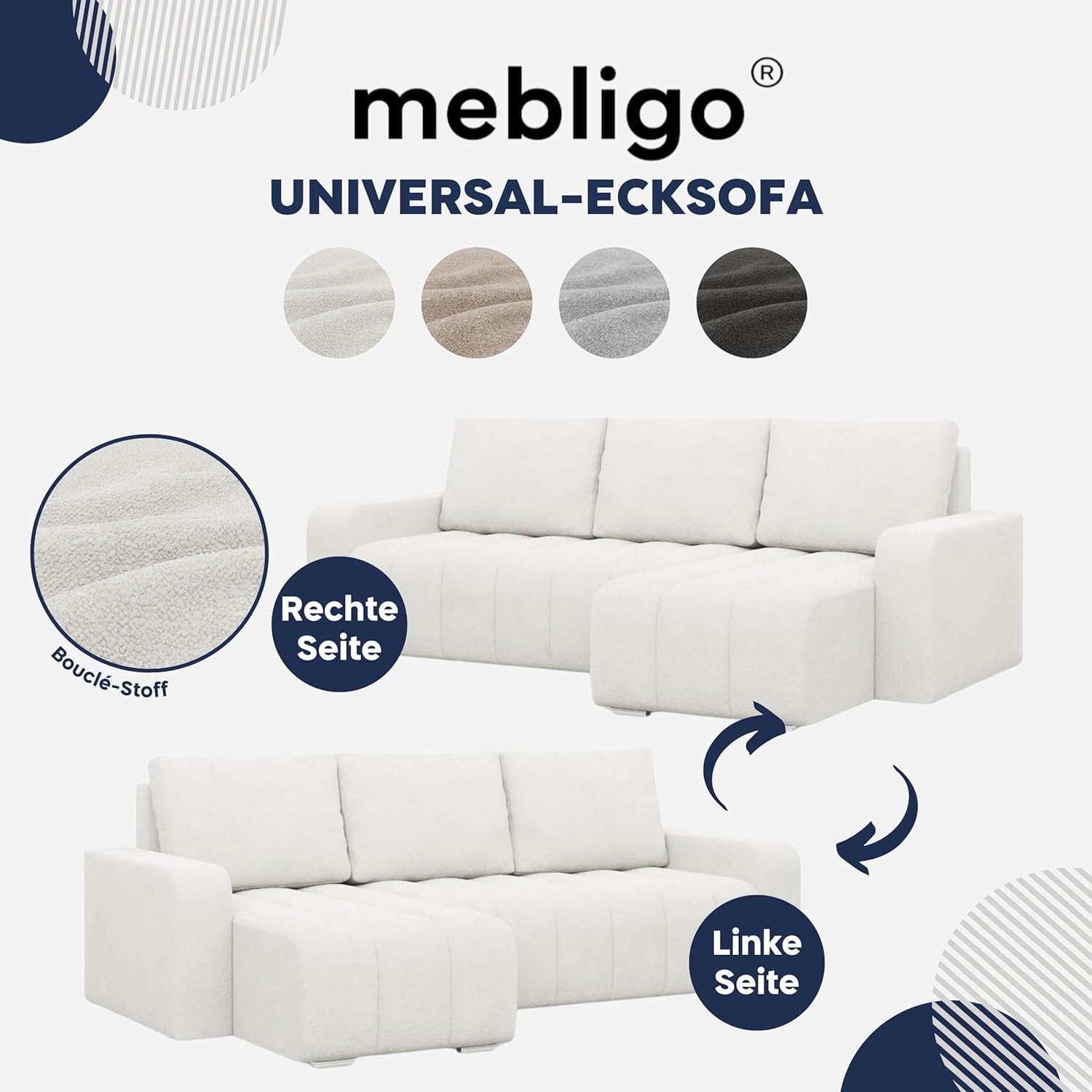 Mebligo - Ecksofa mit Schlaffunktion und Bettkasten 237 cm Breit Abrielle, Couch Wohnzimmer Links oder Rechts Schlafsofa mit Bonellfederkern, Boucle Sofa Cremefarben (Abriamo 04)