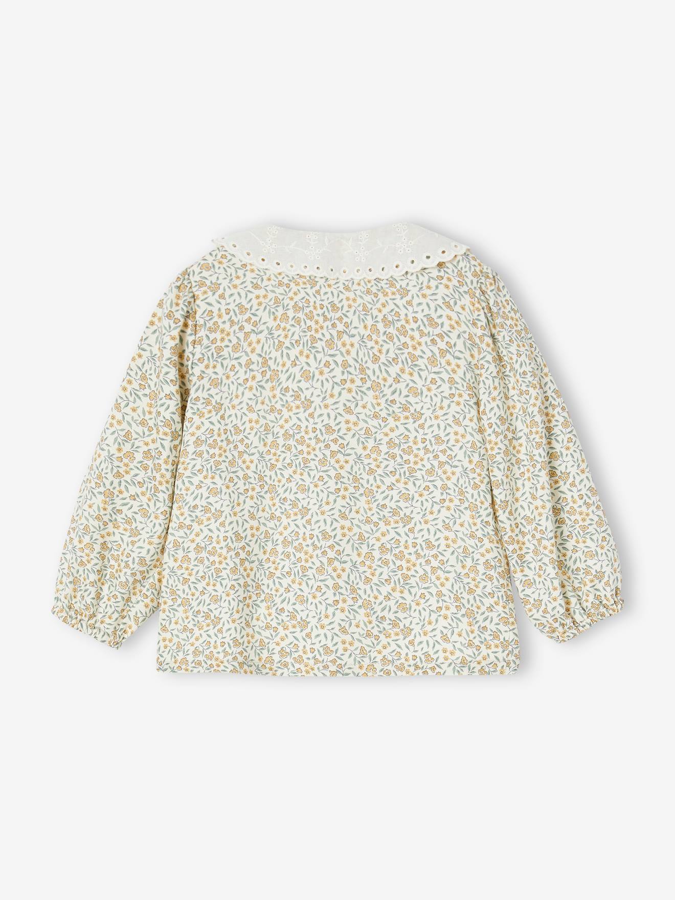 Blusa estampada com gola bordada para bebê na cor rosa antigo.