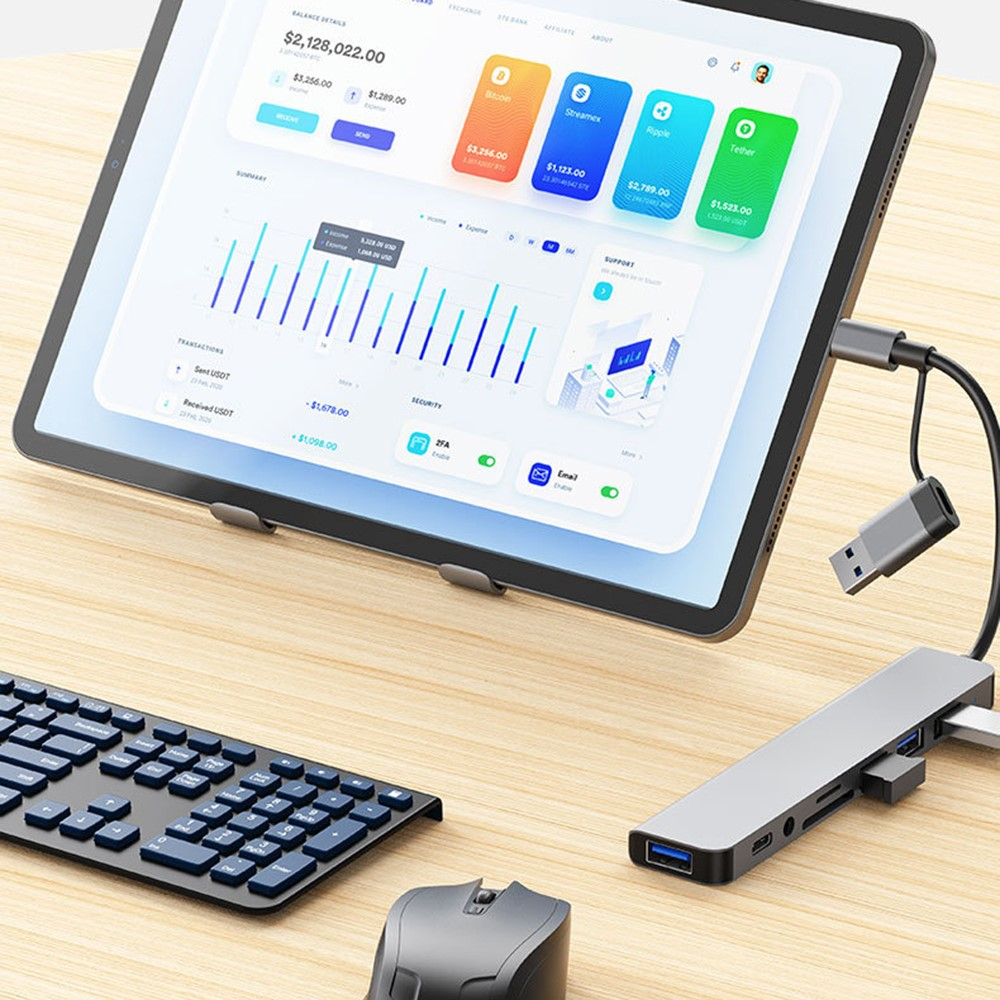 (5 Gbit/s) Alu USB C / USB 3.0 Multiport Adapter HUB mit USB C / 4x USB A / SD & Micro SD Kartenlesegerät / 3.5mm Klinken Anschluss - Grau
