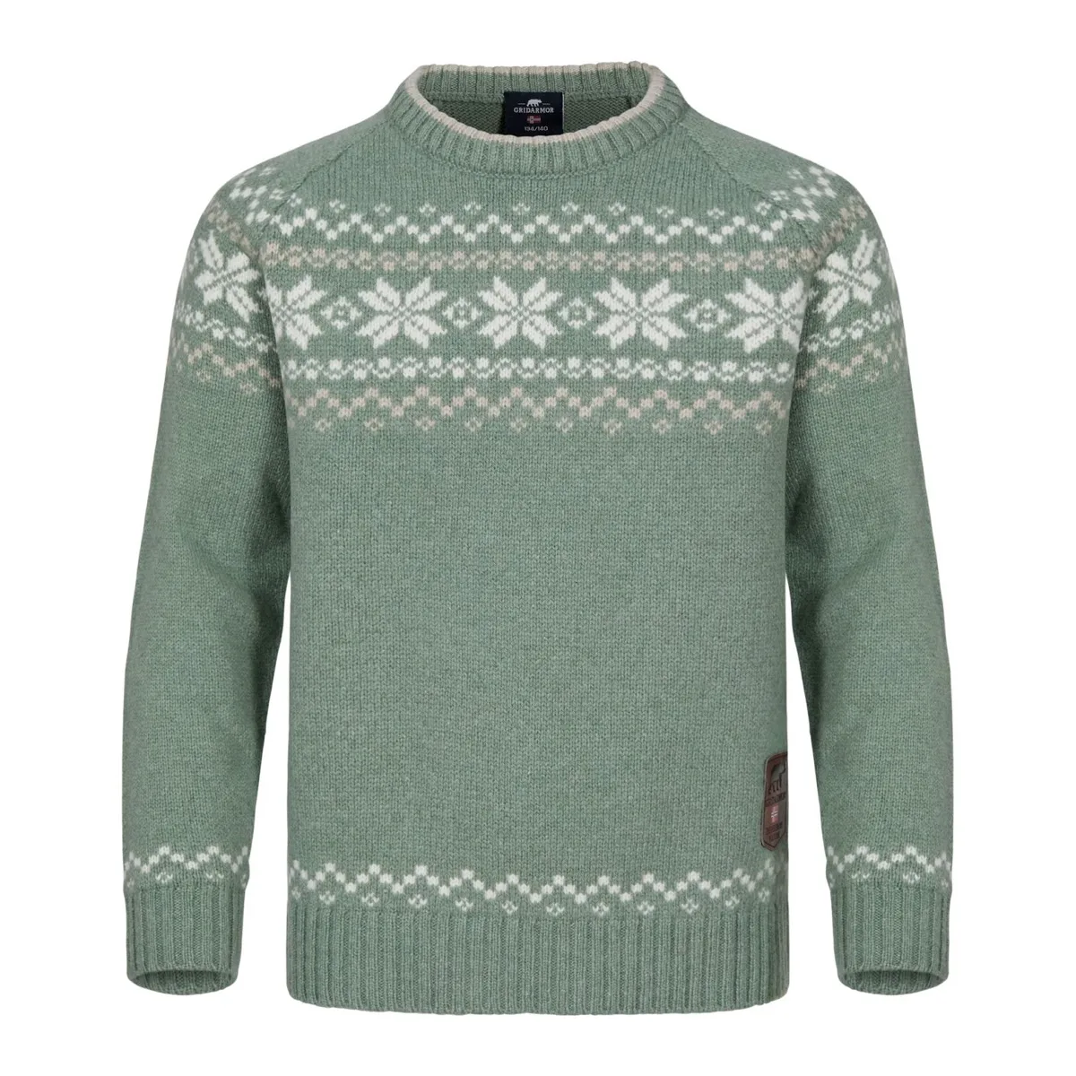 Gridarmor Kids' Snøkrystall Round Neck Ullgenser Green/White/Beige