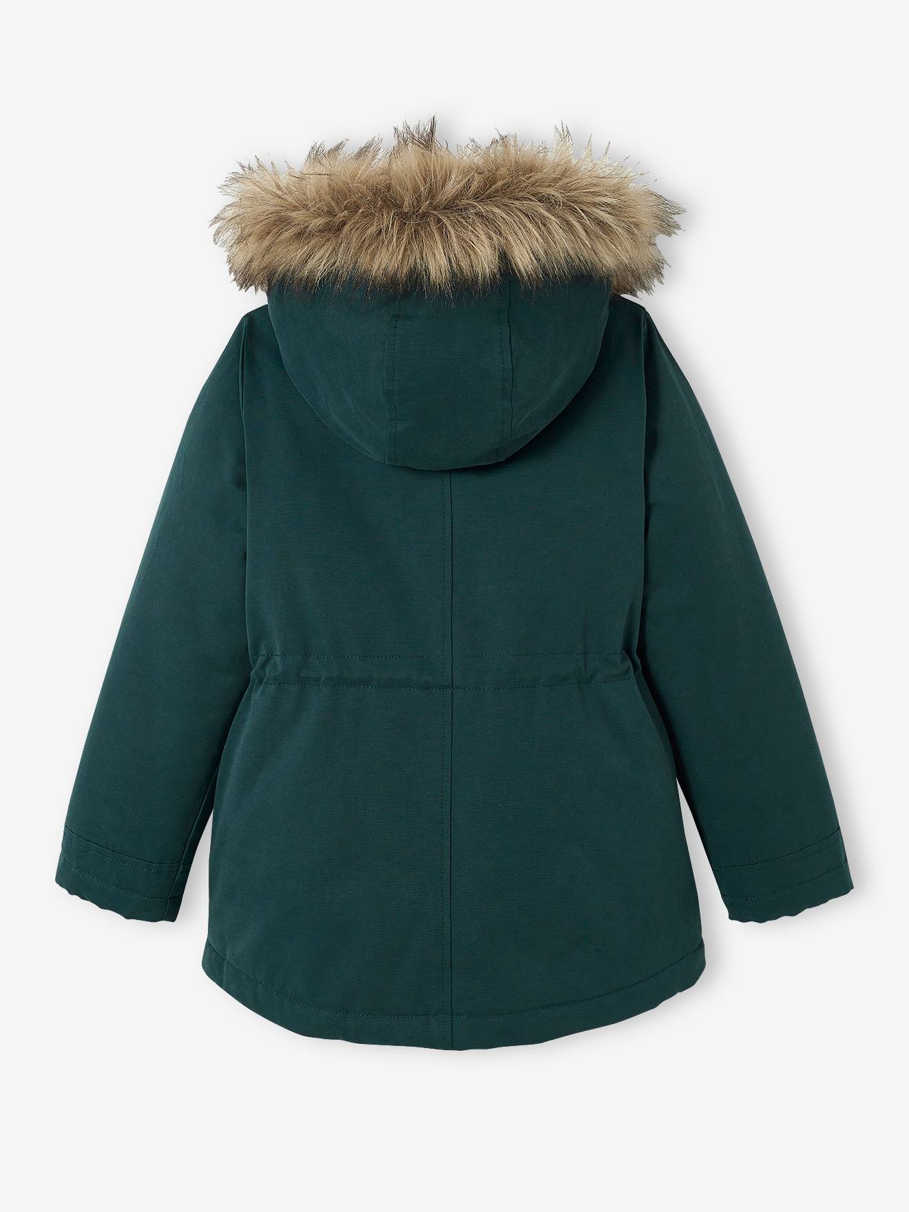 Parka com capuz 3 em 1, verde-escura lisa para meninas