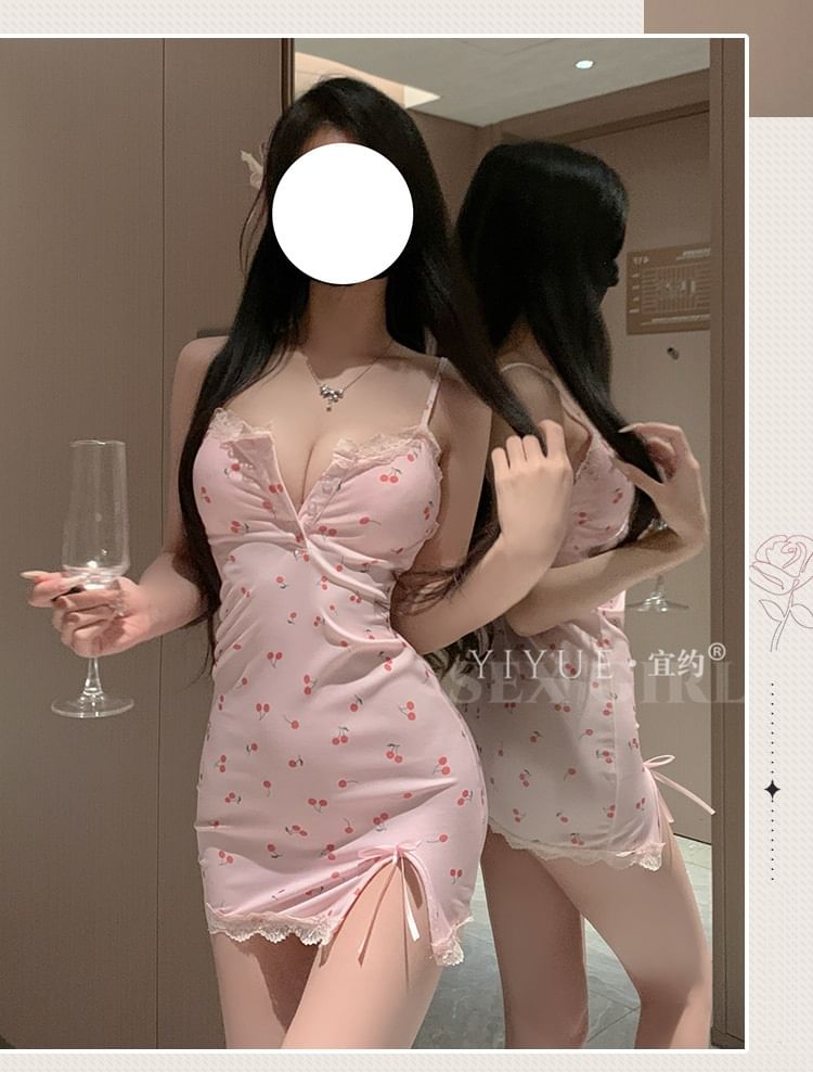 Candyiry - Set: Henley Cherry Print Lace Trim Chemise + String