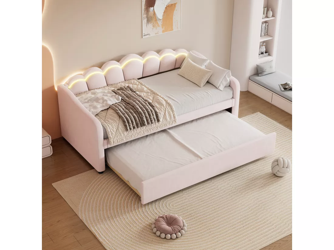 Lit gigogne 90 x 200 cm + lit 90 x 190 cm, canapé-lit - velours - LEDs - coloris rose (sans matelas)