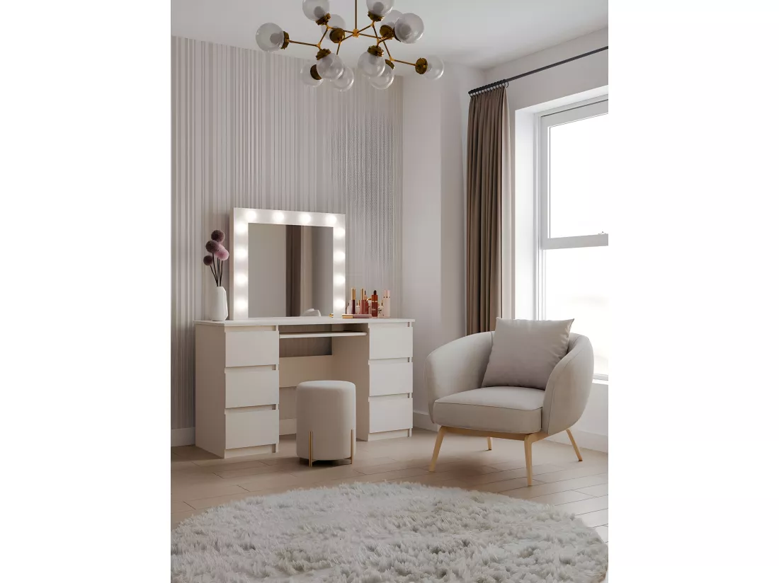 MARINA - Coiffeuse 6 tiroirs avec miroir et éclarirage LED - Beige