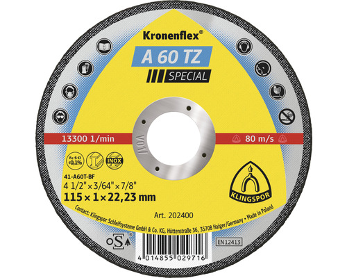 Doorslijpschijf Klingspor A 60 TZ Special Ø 115x22,23 mm
