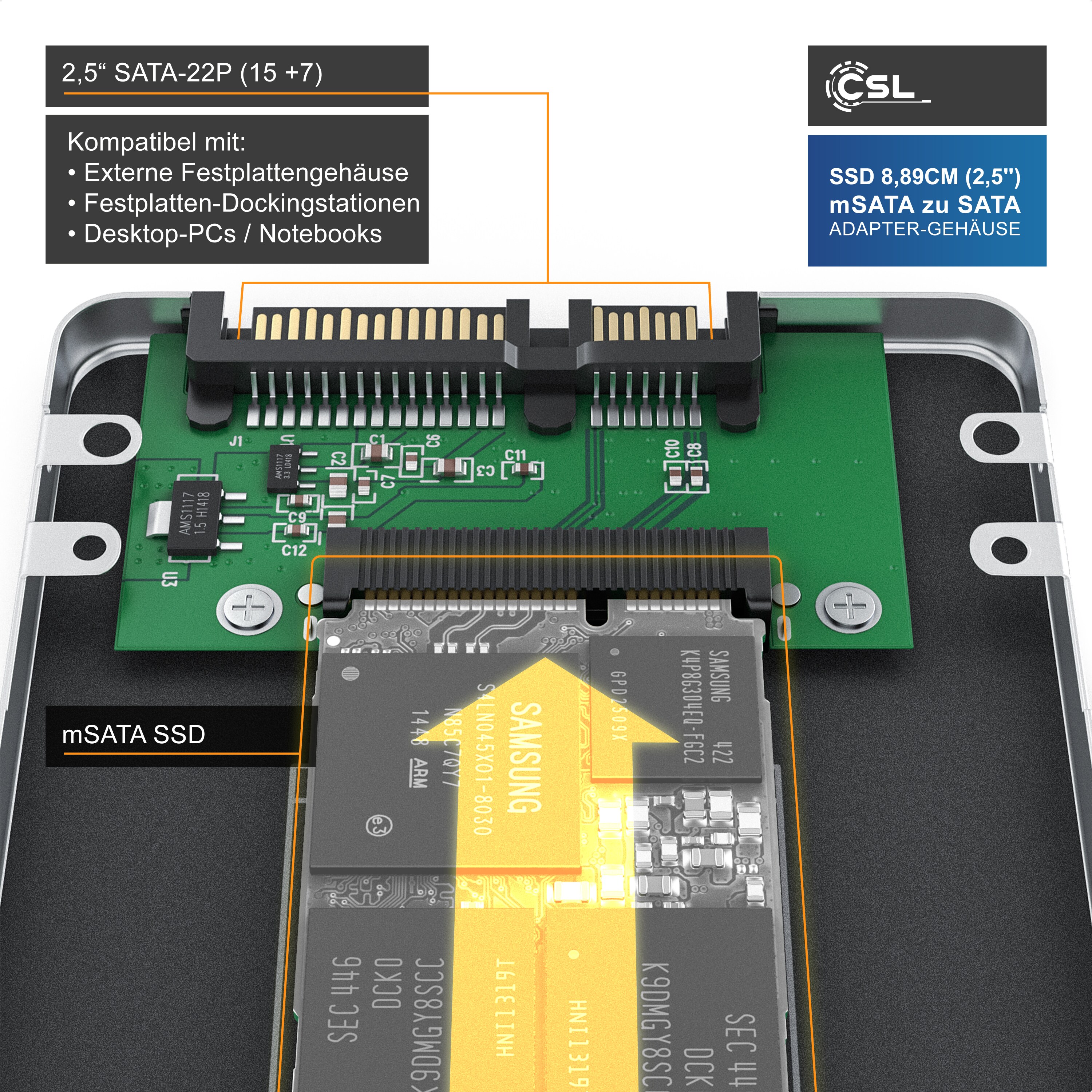 CSL SSD 8,89cm (2,5) mSATA zu SATA Adapter-Gehäuse Aluminium Gehäuse / max. 7mm Einbauhöhe