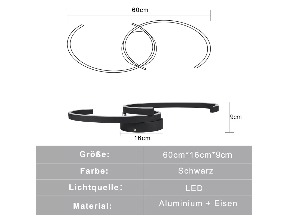 NETTLIFE Plafonnier LED Moderne 60 cm Noir 24 W Blanc Chaud Lampe de Salon pour Chambre Cuisine Couloir Salle à Manger