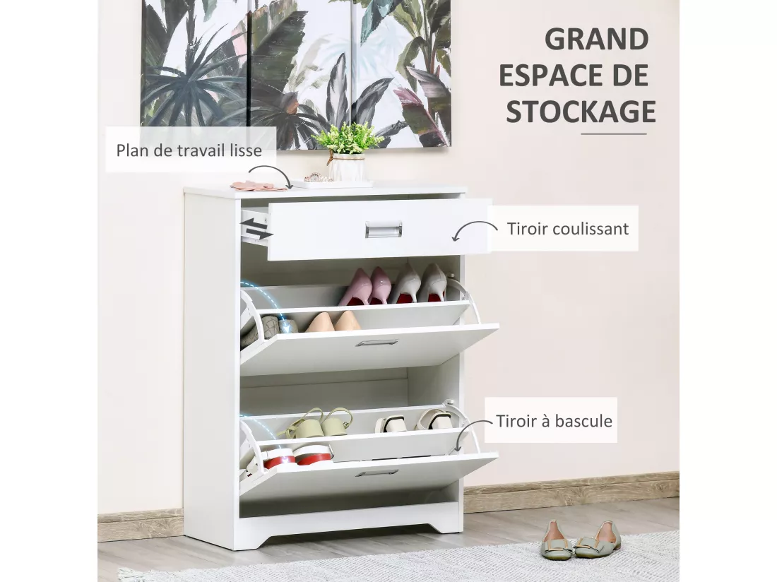 Meuble à chaussures 2 tiroirs rabattables 2 étagères tiroir blanc