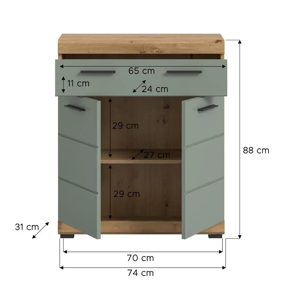 Hioshop Scout badkamerkast 2 deuren- 1 lade salvie decor- eiken decor