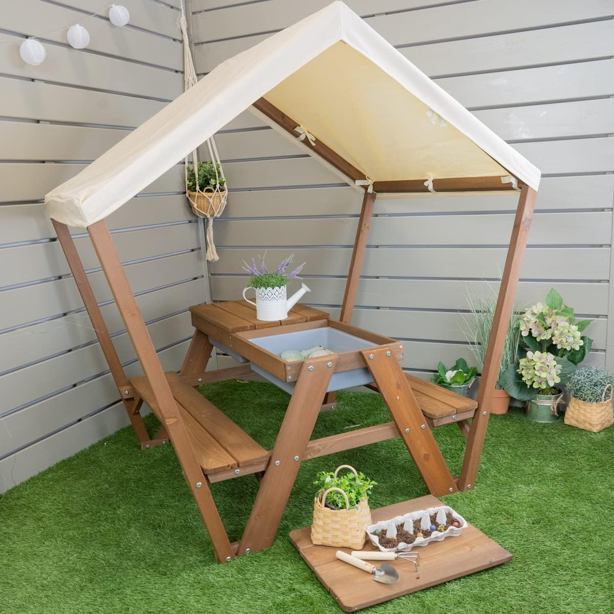 Meppi Kinder-Sitzgruppe Pellworm - braun aus Holz mit Dach - Tisch Stuhl Garnitur Sitzbank mit Tisch
