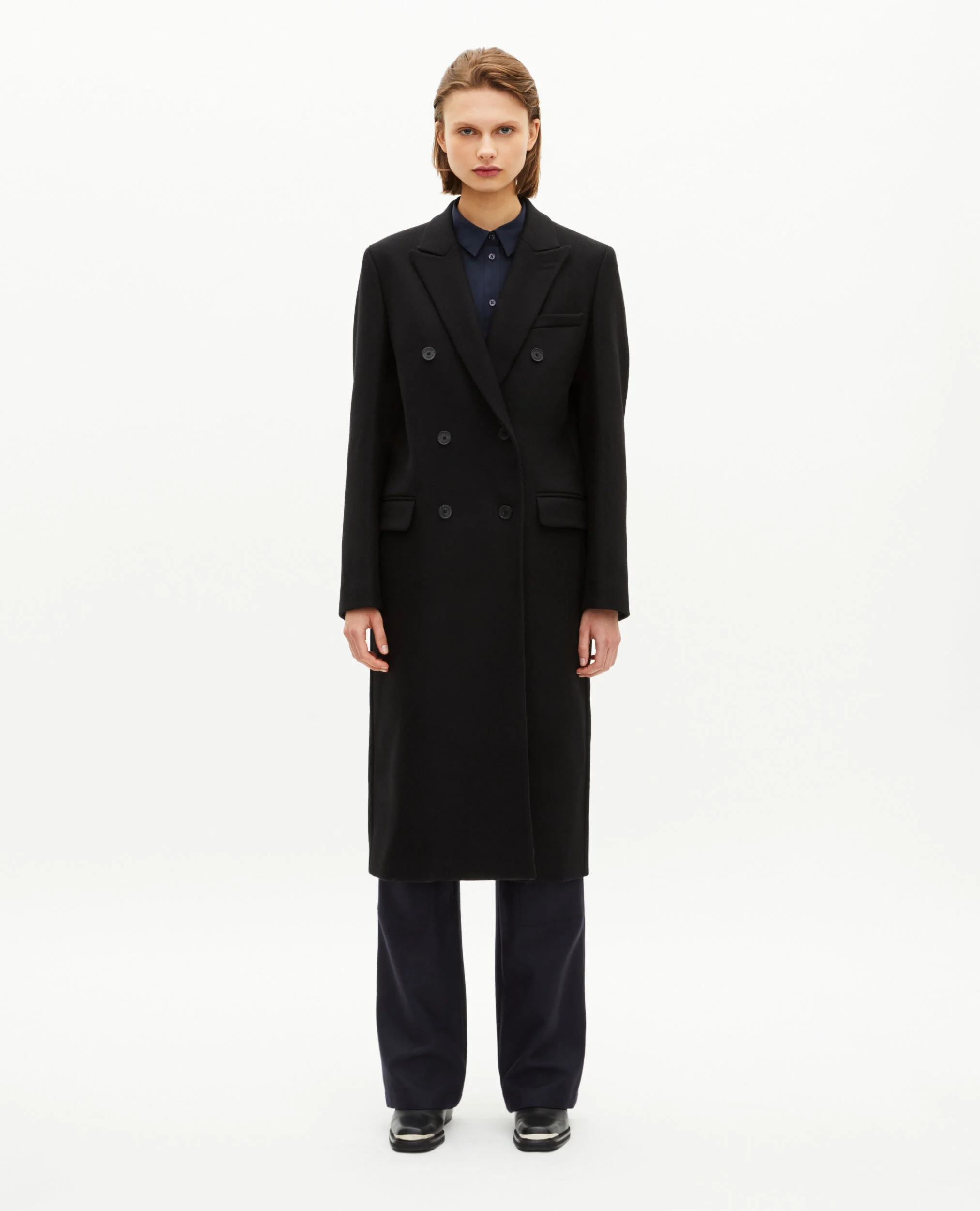 Manteau long croisé en laine noir