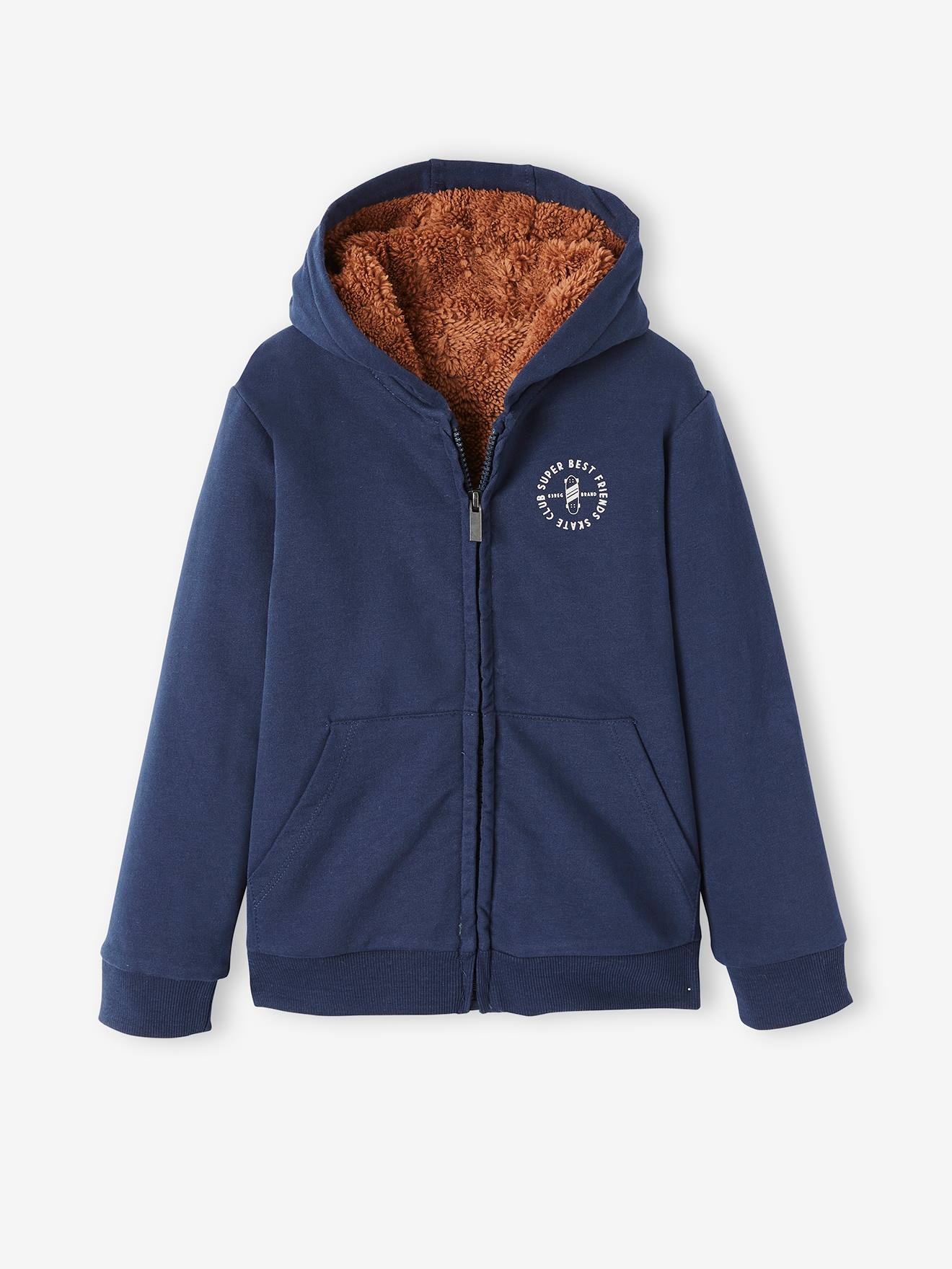 Moletom infantil azul-escuro liso com zíper, forro de sherpa e estampa.