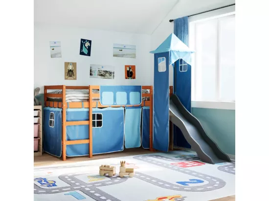 Lit mezzanine enfants avec tour bleu 90x190 cm bois pin massif