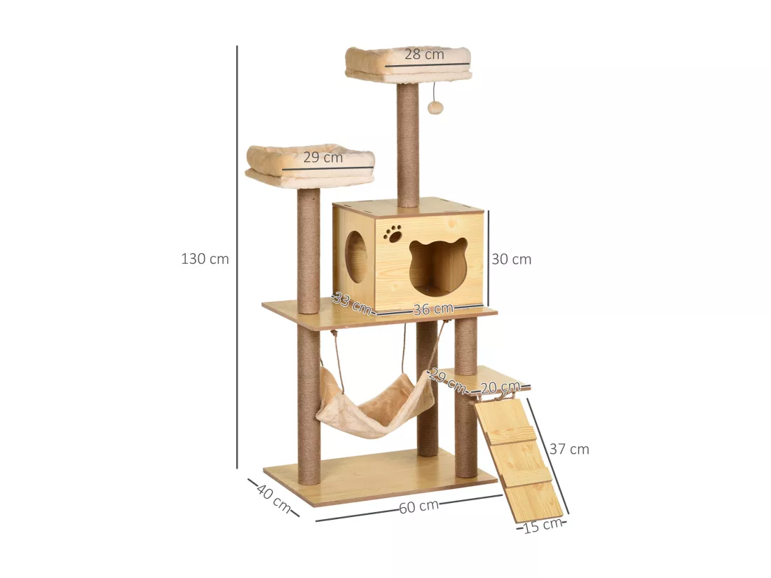 Arbre à chats design contemporain griffoirs grattoirs sisal naturel niche plate-formes hamac boule panneaux particules beige