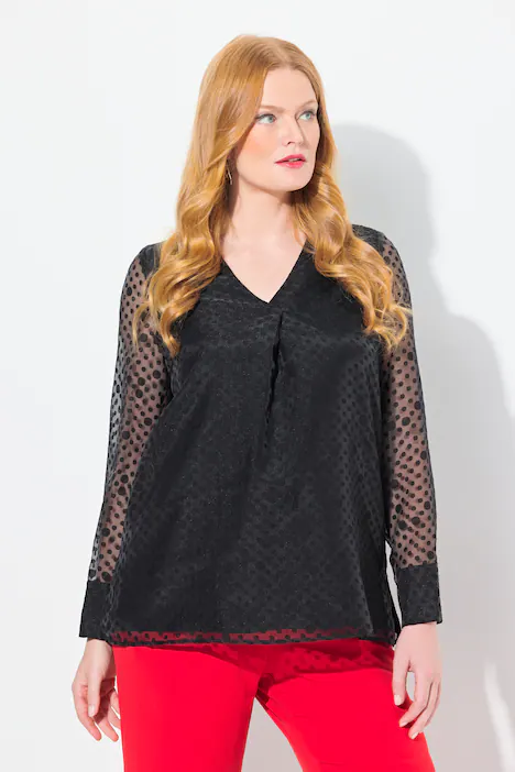 Blusenshirt, Punkte, doppellagig, V-Ausschnitt, Langarm, schwarz
