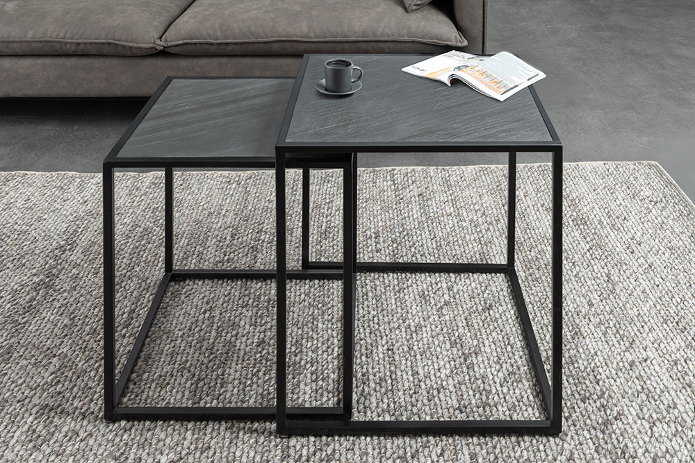 Quadratisches 2er Set Beistelltische MOUNTAIN SOUL 60cm schwarz Naturstein Metall