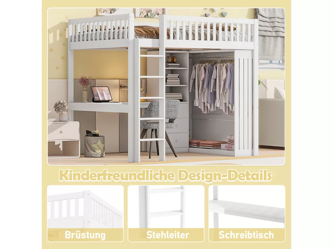 Lit mezzanine 140 x 200 cm avec bureau, armoire et 3 tiroirs - Pin + MDF - Blanc (sans matelas)
