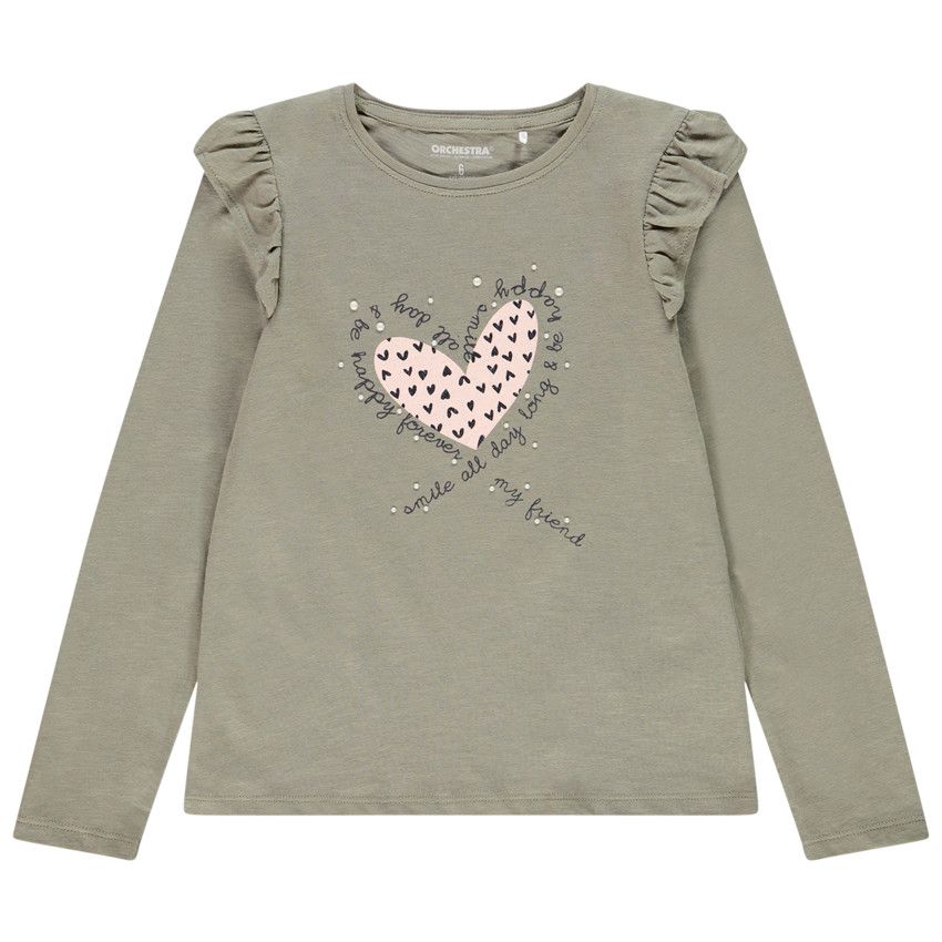 T-shirt manches longues kaki print coeur pour enfant fille - Vert