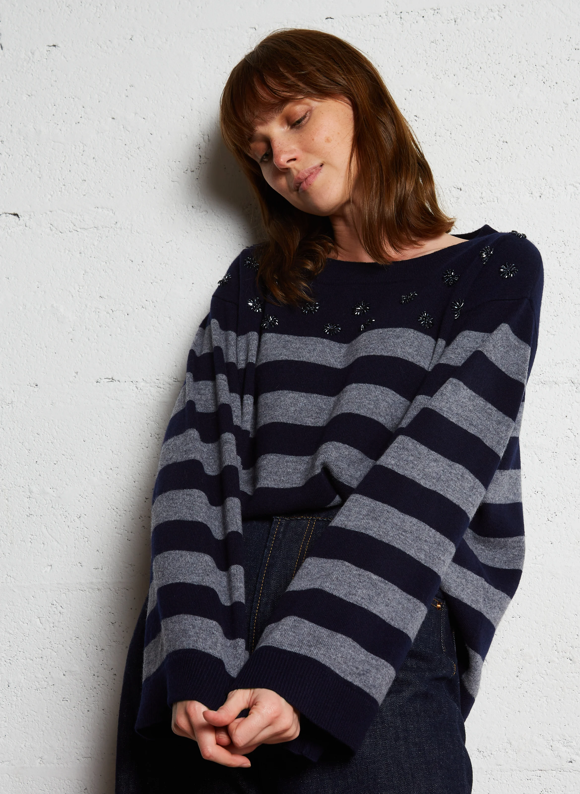 LILOU - Pull col bateau ample en laine | Bleu