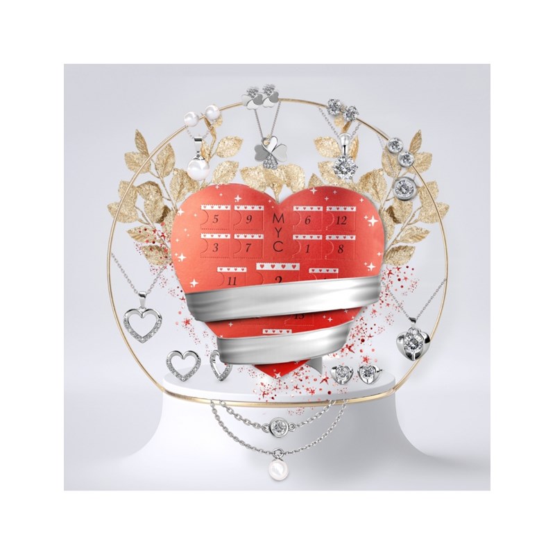 Calendrier de l'avent coeur - 14 bijoux - Argenté et Cristal