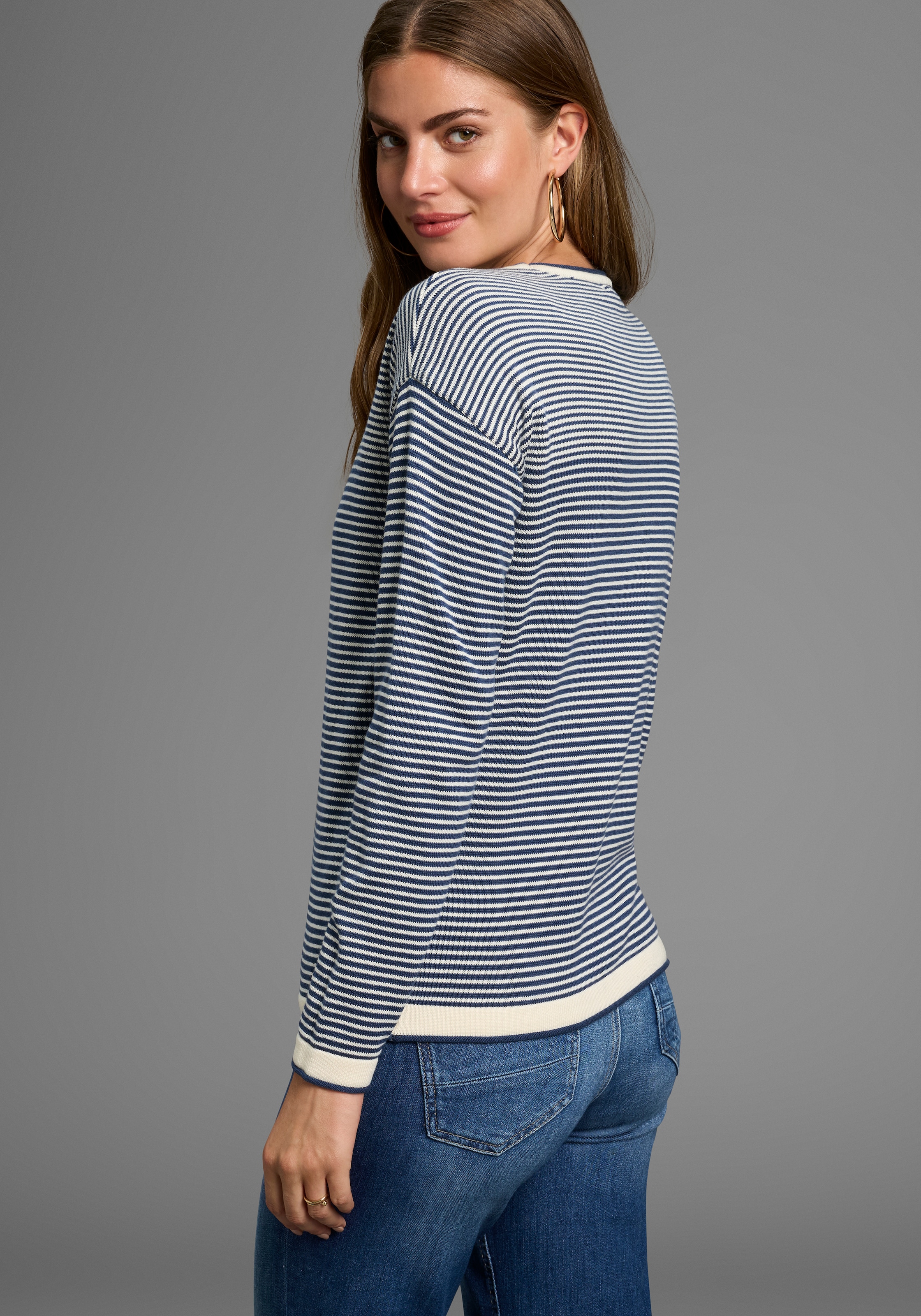 Laura Scott Rundhalspullover , Feinstrickpullover aus Strukturstrick mit Streifen