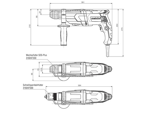 Metabo UHE 2660-2 Quick Set boor- en beitelhamer inclusief verwisselbare boorkop en 10-delige SDS-plus boor-/beitelset.