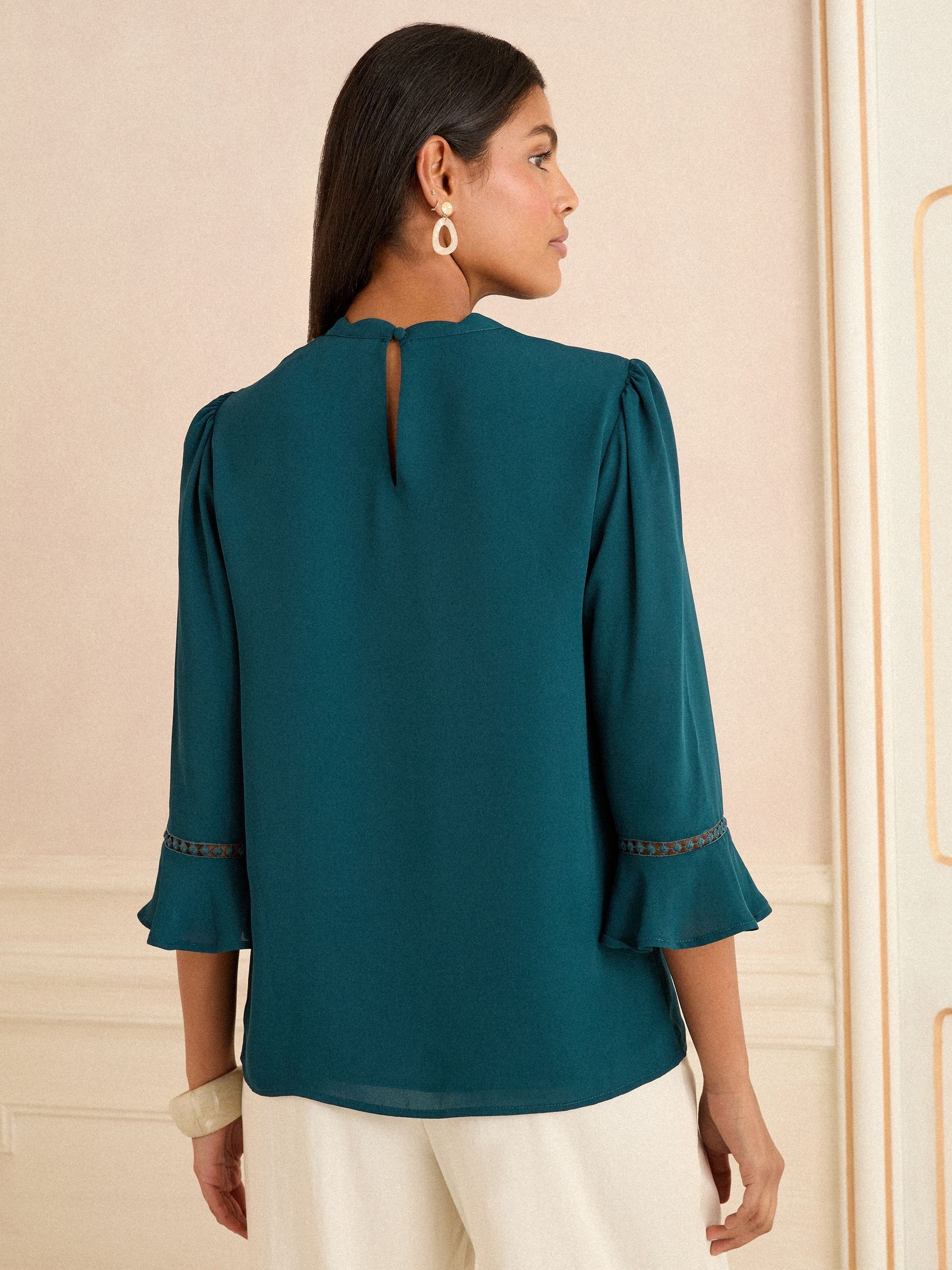 Blauwgroen - Love & Roses 3/4 blouse met uitlopende mouwen