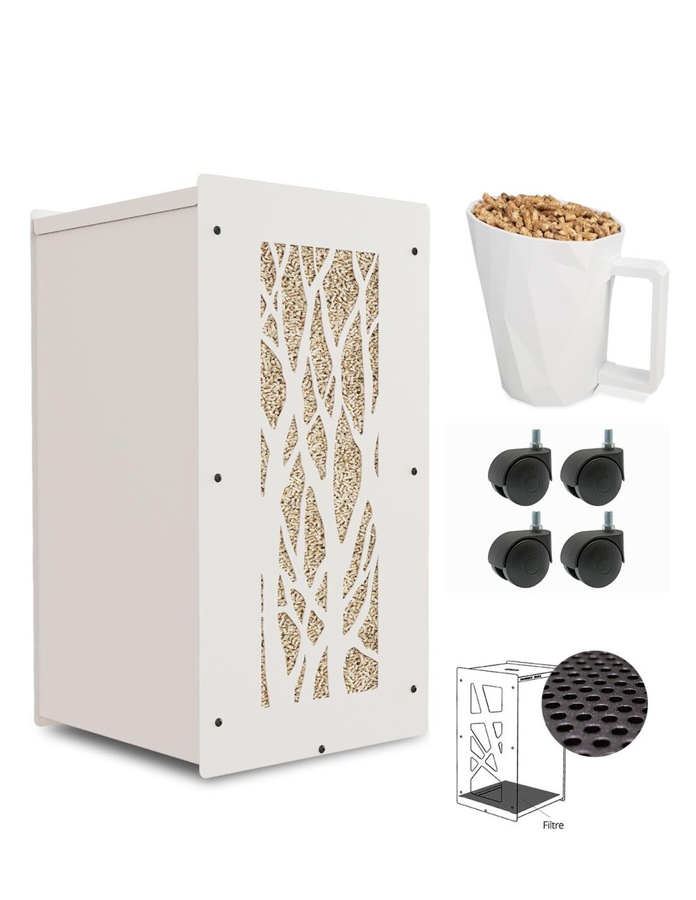 Rangement à pellets avec accessoires arbre blanc 55kg