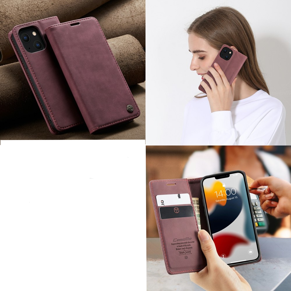 iPhone 13 Leder Tasche Flip Wallet Etui mit Kartenfächern - Dunkelrot
