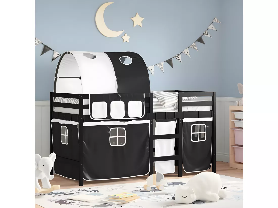 Lit mezzanine enfants et tunnel blanc/noir 80x200cm pin massif