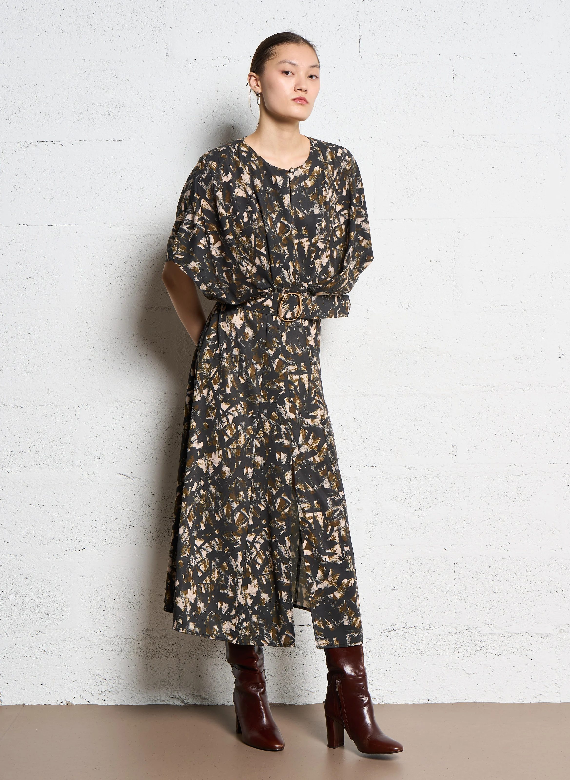 Robe midi col rond imprimé | Multicolore