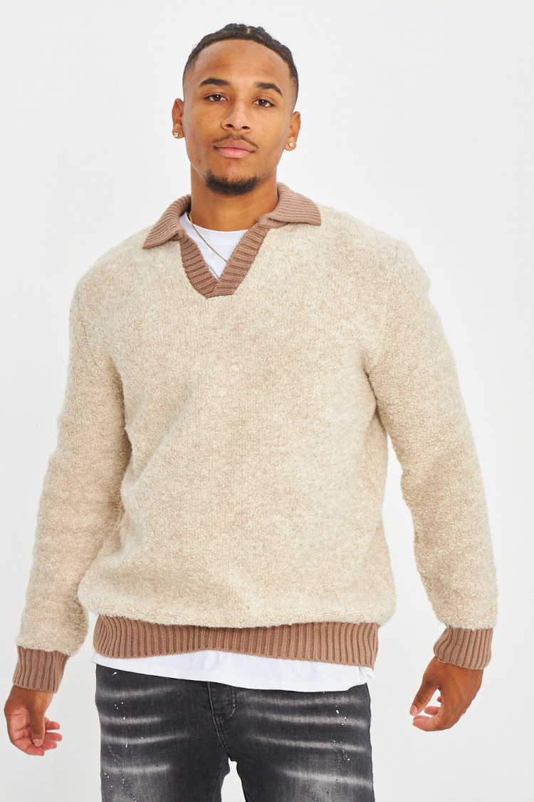 Pull beige bicolor à col à rabats