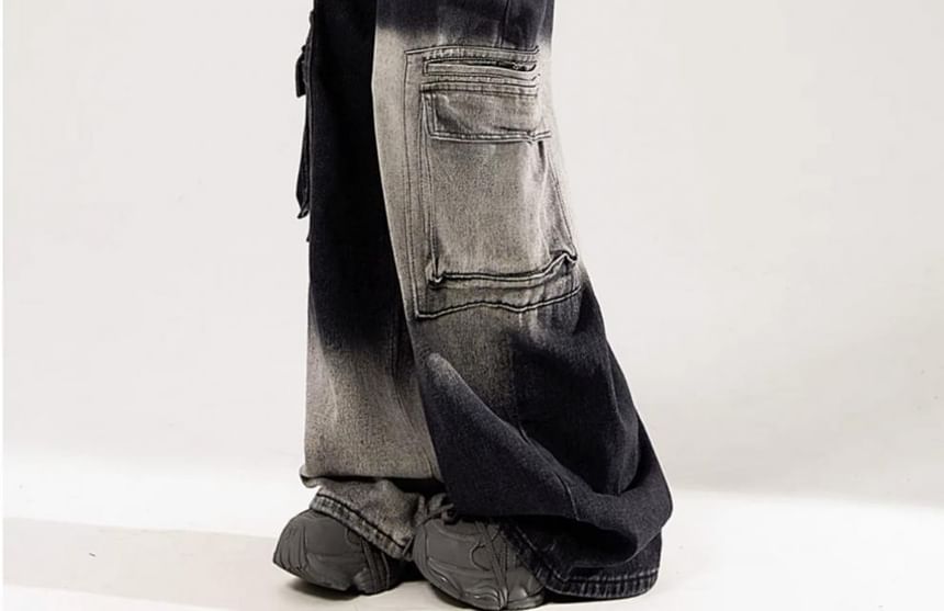 Vhancy - High Waist Washed Patchwork Cargo Jeans met Wijde Pijpen