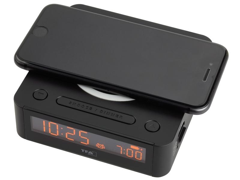 TFA Dostmann Digitalwecker Easy Charge Schwarz Digitaler Wecker mit kabelloser Ladestation
