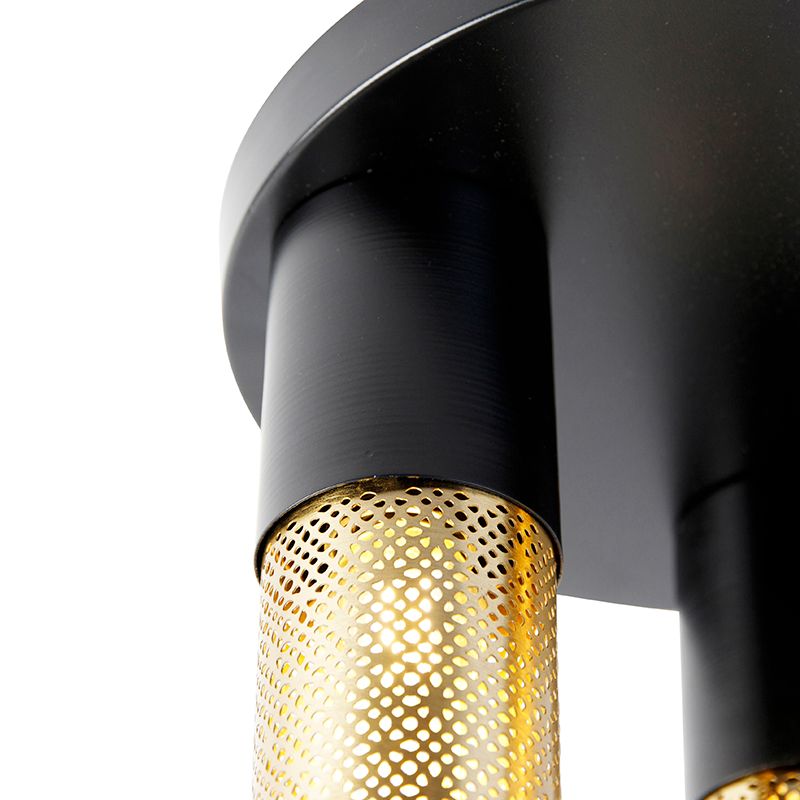 Industriële plafondlamp zwart met goud rond 3-lichts - Raspi