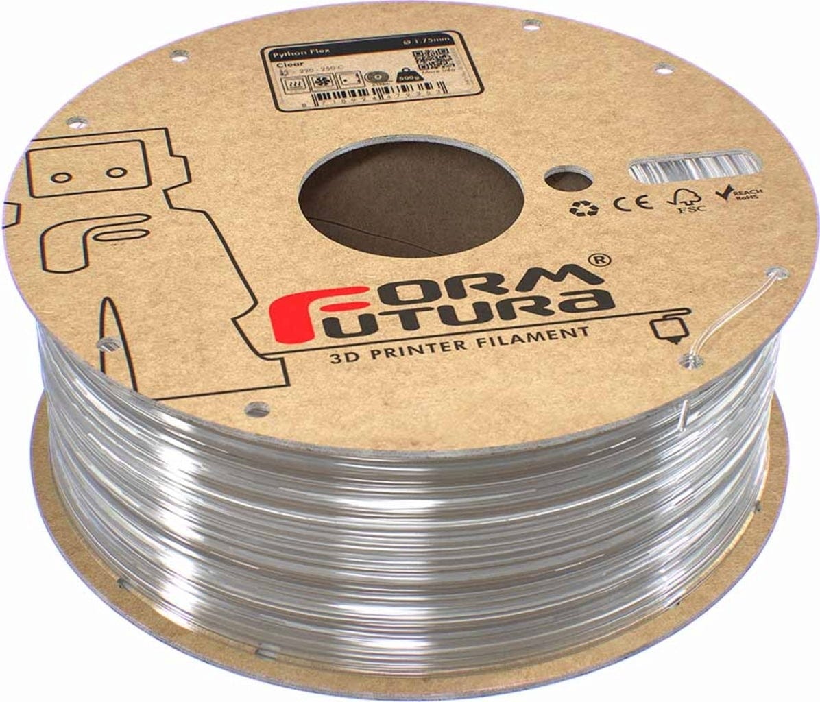 FormFutura  Python Flex TPU 98A Clear, 1,75 mm / 500 g    Flexibles TPU-basiertes Filament mit 98A-Shore-Härte