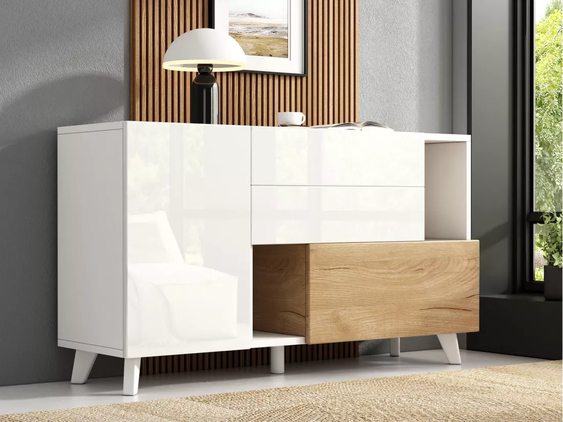 Buffet brillant 130x40x70cm - 2 portes - 2 tiroirs - avec compartiments de rangement - blanc