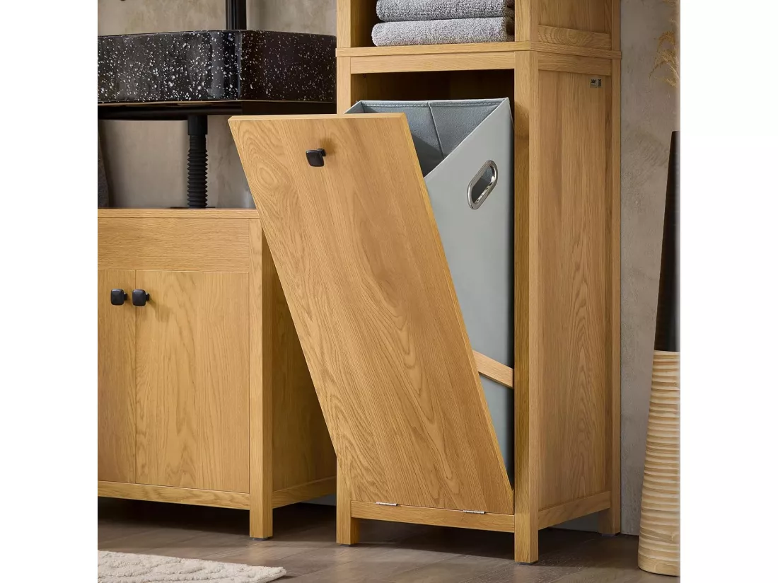 SoBuy Meuble Colonne de Salle de Bain, Armoire Haute, Placard de Rangement, Étagère de Rangement avec 1 Panier à Linge et 3 Étagères pour Salle de Bain, 40x35x173cm, Couleur Naturel Foncé, BZR95-SN