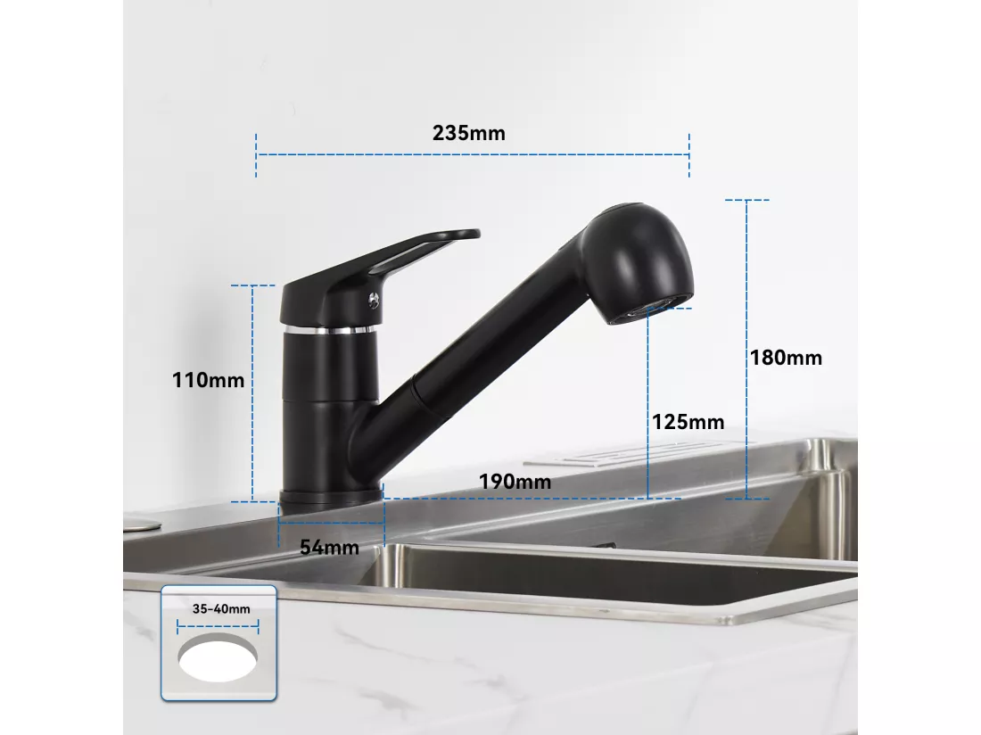 Mitigeur Cuisine AURALUM MAX Noir avec Douchette Extractible 2 Jets Robinet Évier à 360° en Laiton Robinetterie avec Monotrou L'eau Froide et Chaude
