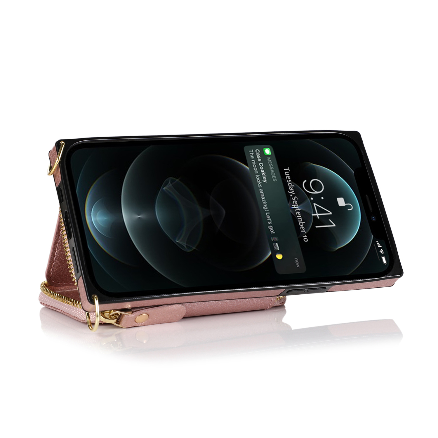 iPhone 16 Pro Necklace Leder Schutz Hülle mit Kartenfächer   Handykette (140cm) - Roségold