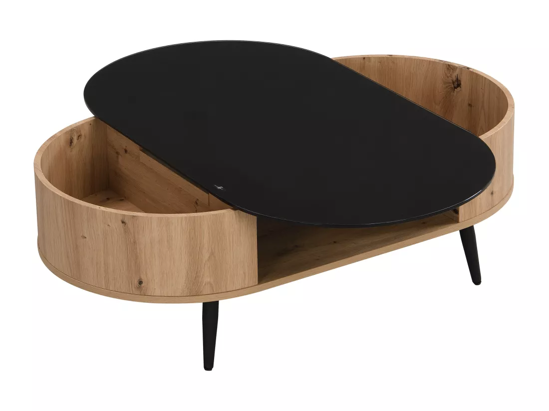 Table basse avec plateau pivotant et 3 niches en MDF et verre trempé - Naturel et noir - YONISMA