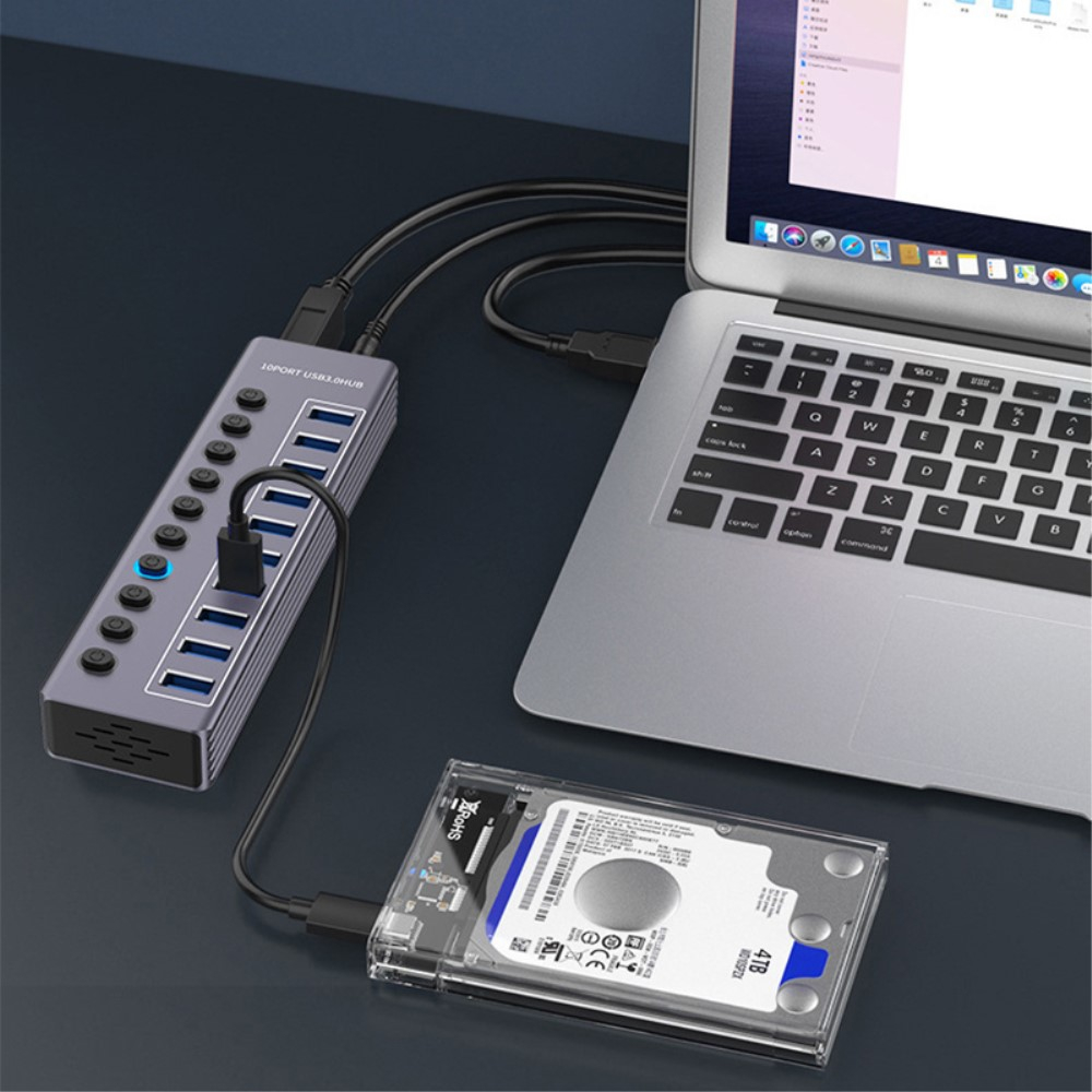 (17cm) 10-fach USB 3.0 Hub Aluminium Adapter mit USB Port Steuerung Tastenschalter 5GB/s   Netzteil (12V/3A) - Grau