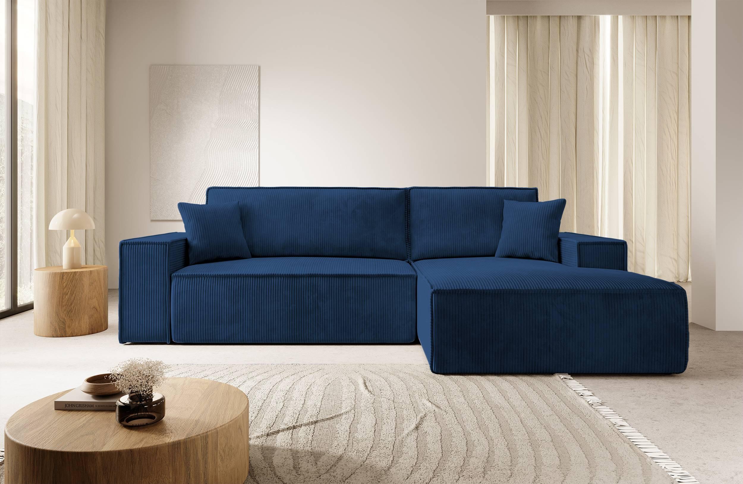 NADUVI Collection Galine Hoekbank met Chaise Longue Rechts met Slaapfunctie - Ribstof - Donkerblauw