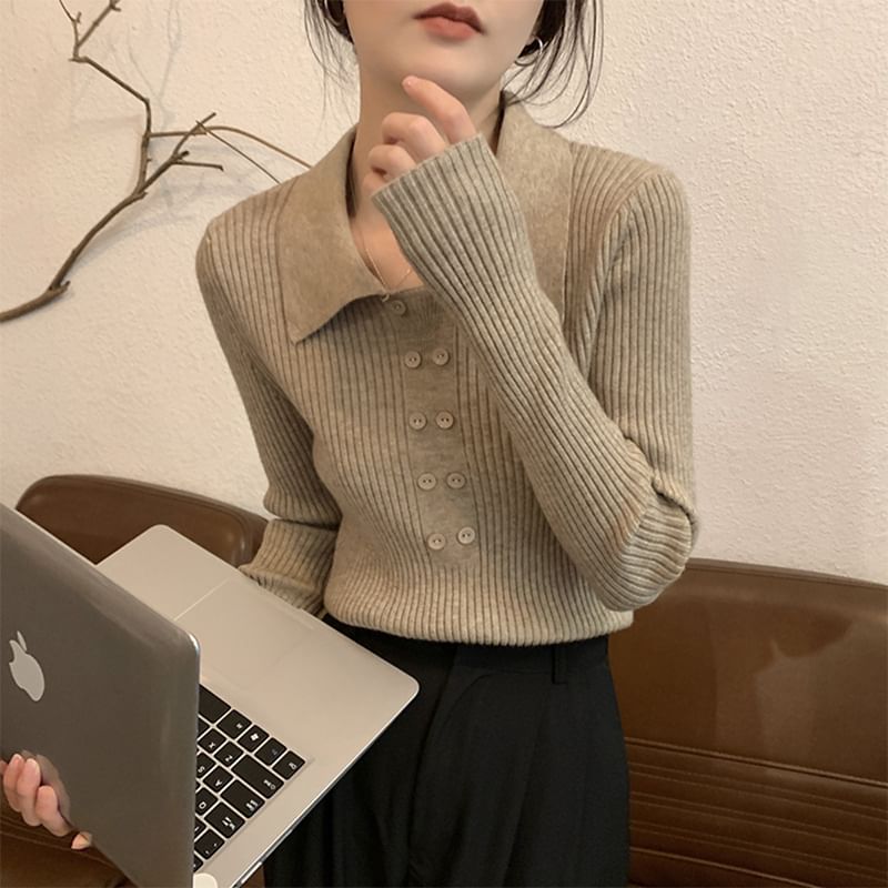 Ukiyo - Lange mouwen, kraag, effen geribbelde gebreide crop top