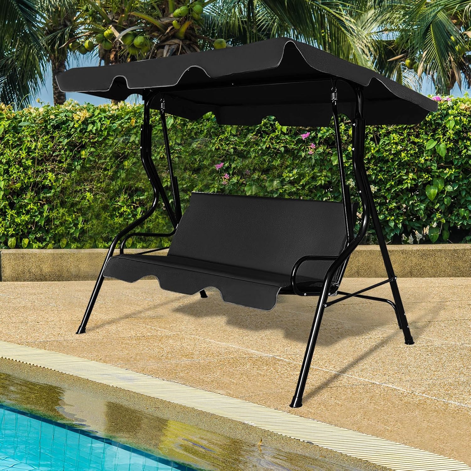 COSTWAY 3-Sitzer Hollywoodschaukel, Gartenschaukel mit verstellbarem Dach, Schaukelbank für Garten, Terrasse & Hinterhof, 172 x 110 x 154 cm (Schwarz)