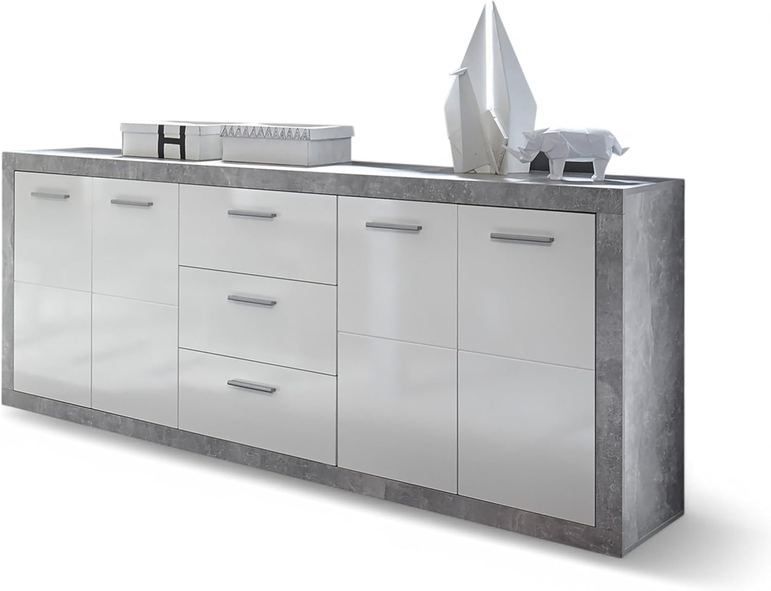 Stone Kommode mit Schubladen in Beton Optik, Weiß Hochglanz - Moderne Kommode mit viel Stauraum für Ihren Wohnbereich