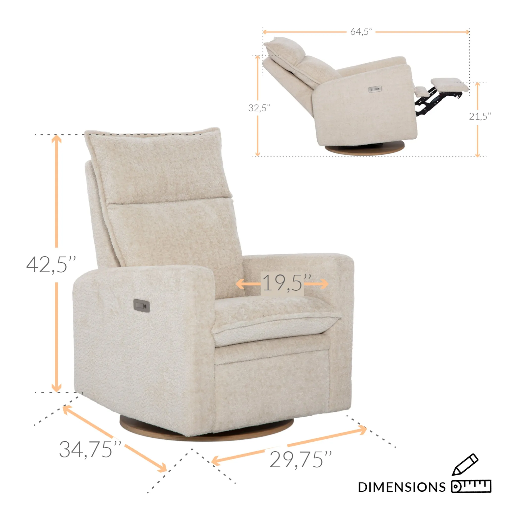 Jaymar BB Fauteuil Berçant et Pivotant Arya - Puppy Sand avec Mécanisme Électrique
