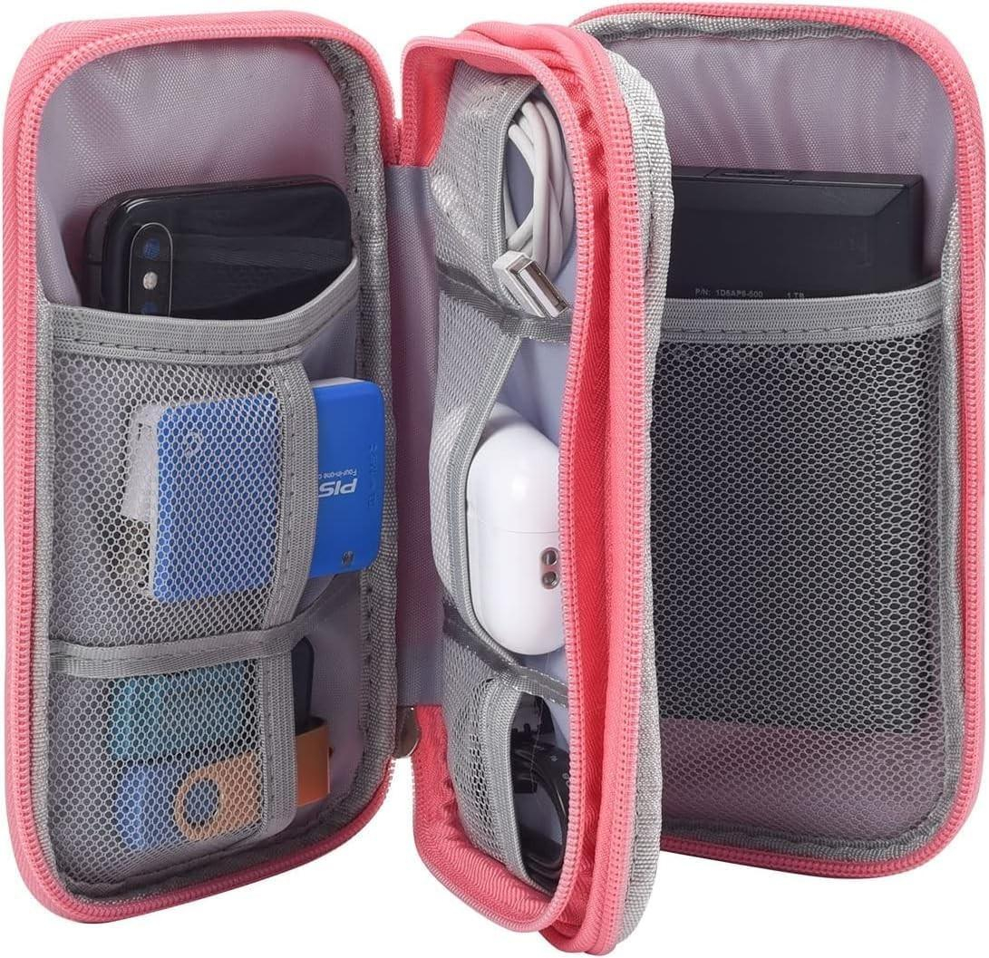 (21x12.5x6cm) Universal Nylon Tasche Reise Organizer für Smartphones / Ladekabel mit Doppel Reissverschluss - Rosa