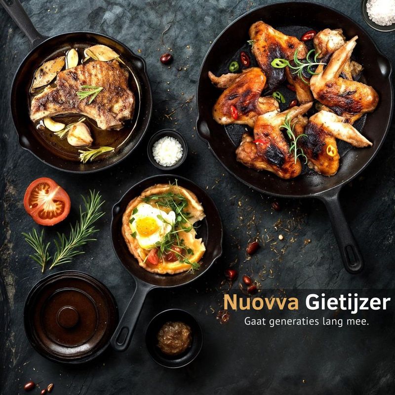 Nuovva - Gietijzeren pan - 3 Delig - Koekenpan / Cast Iron skillet (15cm-20cm-25cm) - geschikt voor alle warmtebronnen